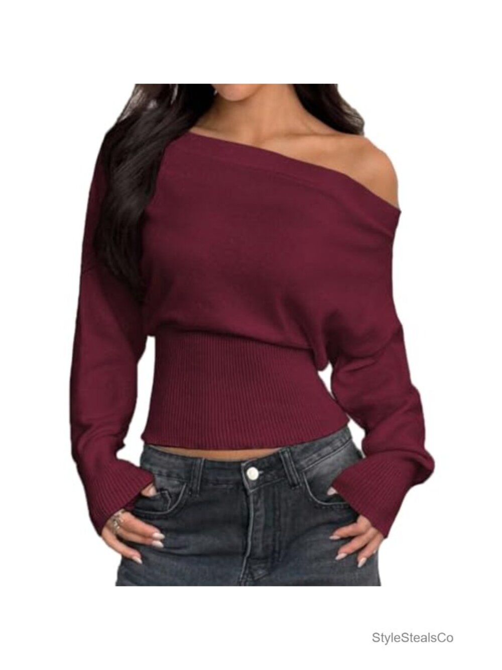Off Shoulder Cinched Waist Ribbed Knit Long Sleeve Sweater Pullover
